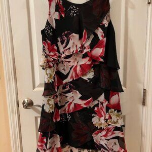 Tiered Layers Evening Dress Size 16 Black with Pink and Maroon Flowers